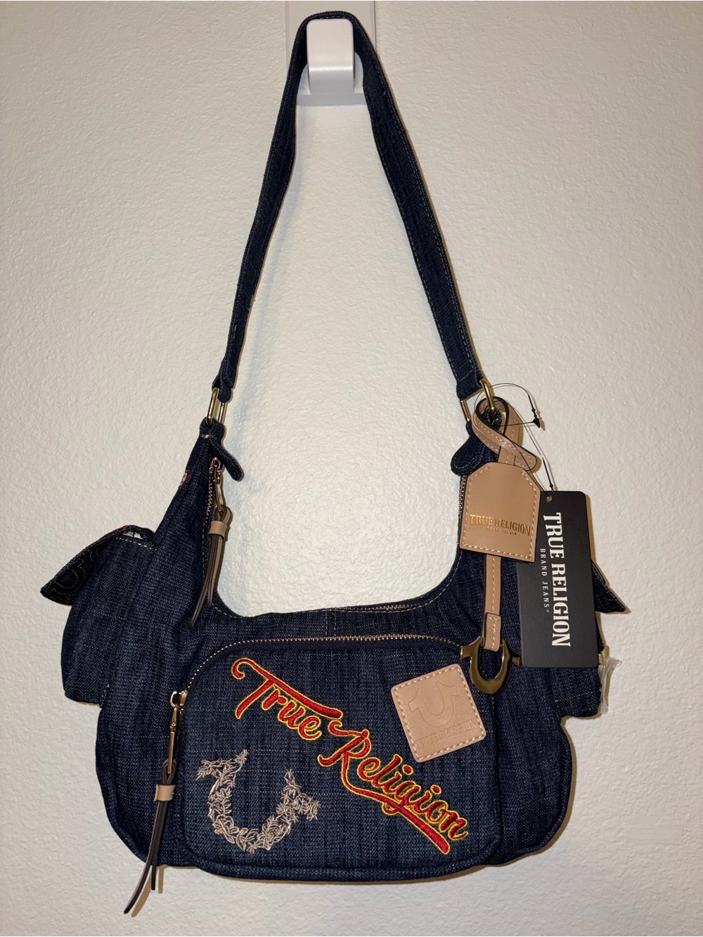 NWT True Religion Denim Embroidered Horseshoe Shoulder Bag Hobo Y2K Streetwear